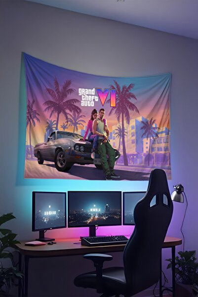RUGRUMBA Tapiserie de perete GTA cu imprimeu – Tematică pentru jucători, țesătură de calitate, tapiserie de perete