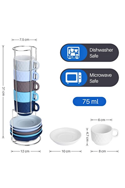 MIAMIO Set of 6 Espresso cups with saucer, Palmanova collection, ceramic, Ocean multicolor, 75 ml