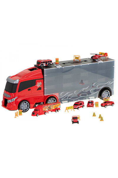 Ikonka Set Camion Transportor de pompieri cu 7 vehicule Red
