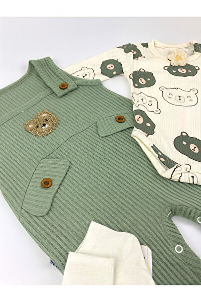 MYZİ STORE Baby 3-Piece Romper Set - Teddy Bear Patterned Bodysuit, Bear Embroidered Salopet and Socks Set, 100% Cotton