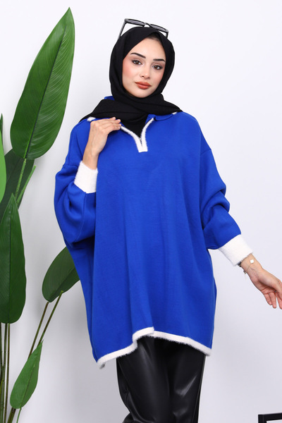 İmajButik Cobalt Blue Shirt Collar Zippered Knitwear Tunic
