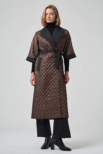 Nuss Belt and Detachable Knitted Sleeve Detail Cap Jacket 6014 Copper