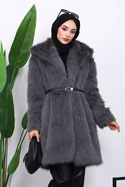 İmajButik Füme Kemerli Astarlı Kürk Kaban