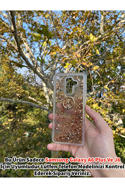 GtTech Samsung Galaxy A6 Plus Ve J8 Uyumlu Sulu Simli Yüzüklü Standlı Parlak Silikon Kılıf Gold