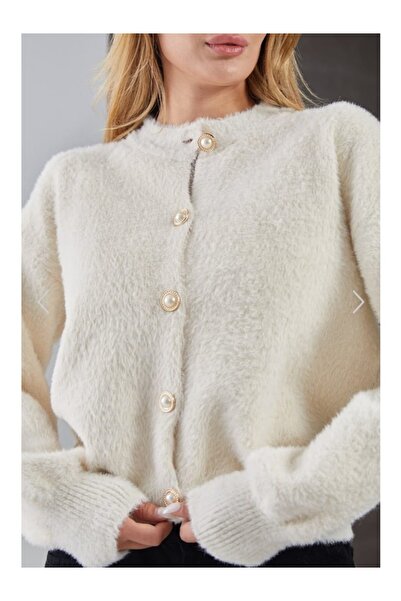 Missfrawomen سترة تريكو ناعمة بأزرار لؤلؤية