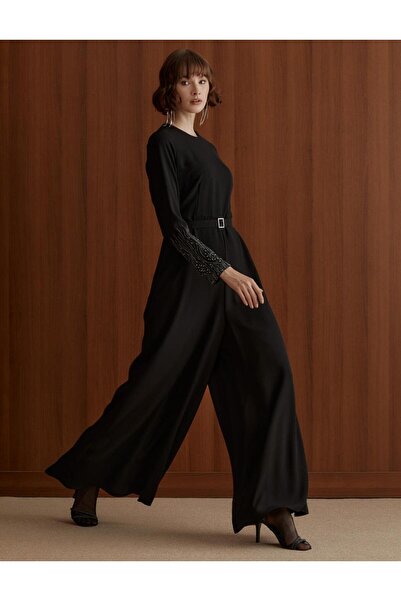 Kayra Jumpsuit with Embroidered Sleeves and Belt-Black