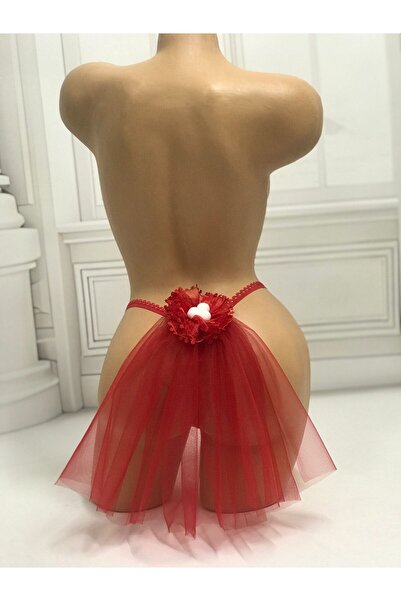 NSMLİFE Women's String, Christmas, New Year, Red Velvet Thong Model with Tulle Flower Detail on the Back