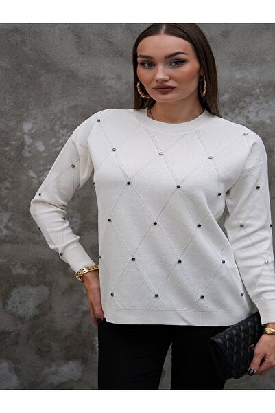 MİRVE BUTİK Baklava Pattern Stone Embroidered Sweater