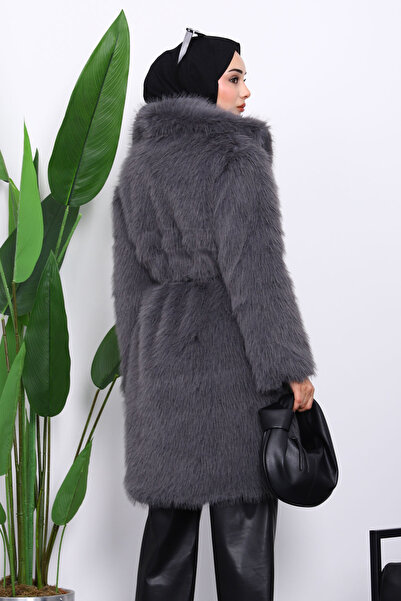 İmajButik Füme Kemerli Astarlı Kürk Kaban