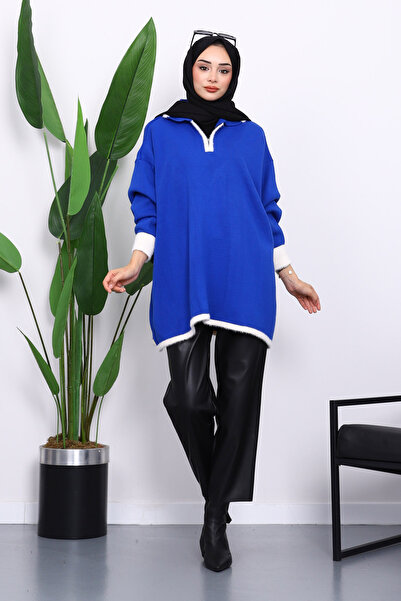 İmajButik Cobalt Blue Shirt Collar Zippered Knitwear Tunic