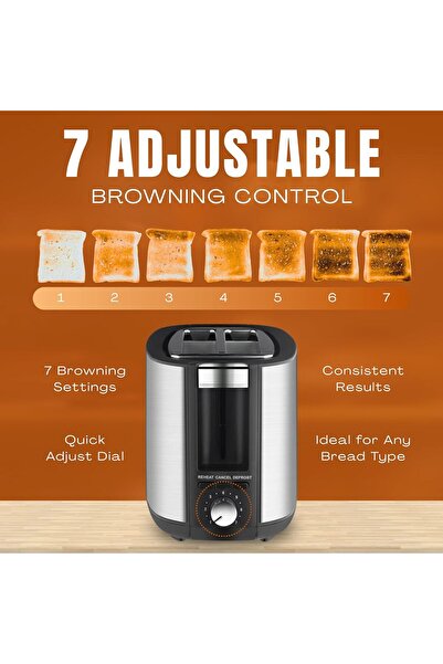 NEXSO 2 Slice Bread Toaster 750W - 7 Browning Levels, Reheat/Defrost/Cancel, Automatic Pop-Up