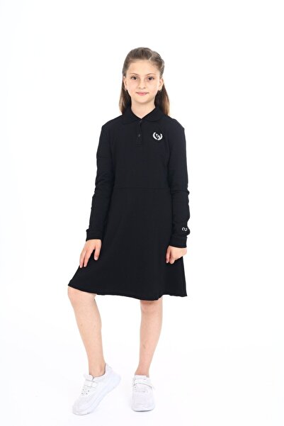 Toontoy Kız Çocuk Baskılı Relax Fit Polo Yaka Düğmeli Uzun Kollu Elbise -