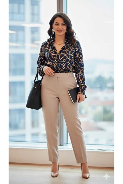 MODA Παντελόνι από ύφασμα σε χρώμα ρεβιθί, με σωληνωτό τελείωμα στο τελείωμα ...