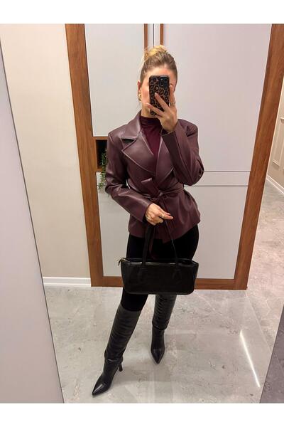 Hilals Butik Bordo Renk Kemerli Kısa Deri Ceket