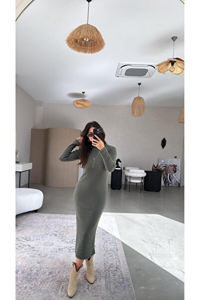 Buket Teke Χακί Πλεκτό Φόρεμα από Μαλλί Ψαράδικο