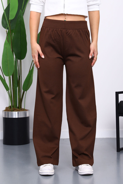 İmajButik Brown High Waist Corded Fabric Wide Leg Knitwear Trousers