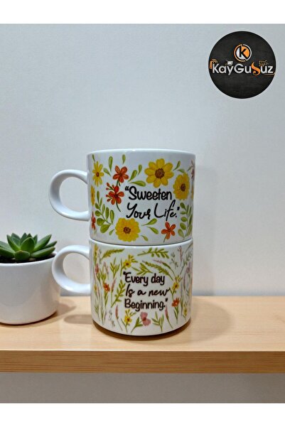 Marblestone Floral Porcelain Mug Set (Set of 2) That Gives Energy Every Day