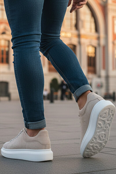 LUXEON Men's Beige White Casual Lace-Up Suede Sneakers High Thick Sole Comfortable Stylish Comfortable Sneaker