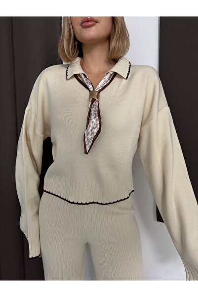 Cistern İstanbul Set de tricotaje pentru femei, cu detaliu de eșarfă, de sus și de jos