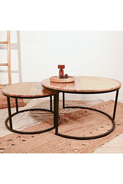 Crafted by Lifestyle Home Carving 2-Piece Rattan Detail Wooden Nesting Table Set