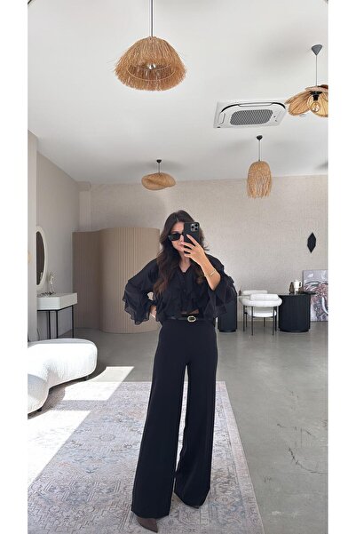 Buket Teke Black Premium Wide-Leg Fabric Trousers with Self-Belt