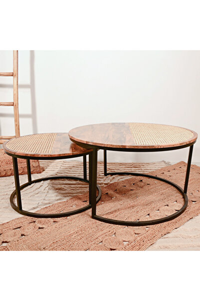 Crafted by Lifestyle Home Carving 2-Piece Rattan Detail Wooden Nesting Table Set