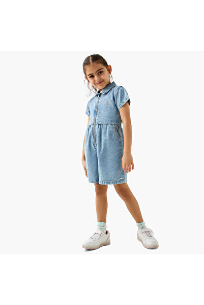Lee Cooper Heart Embellished Denim Romper with Short Sleeves and Zip Closure