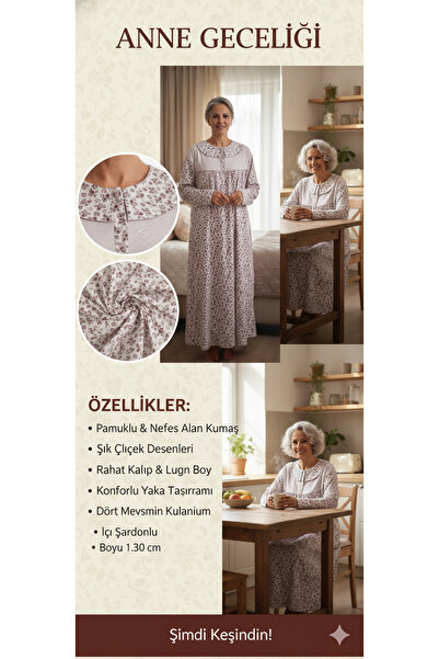 5.MEVSİM Mother's Nightgown, Long Sleeve Mother's Nightgown with Red Floral Pattern and Wool Inside
