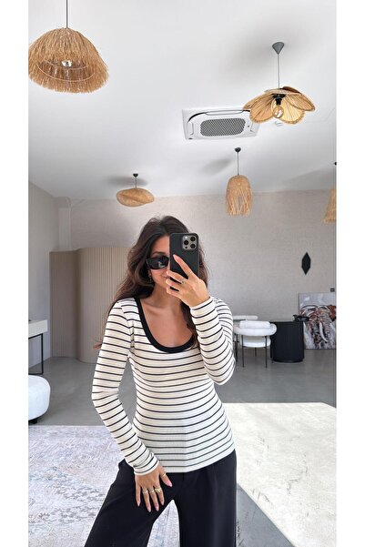 Buket Teke Çizgili Oval Yaka Uzun Kollu Basic