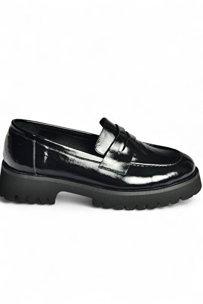 Fox Shoes V944086108 Black Genuine Leather Patent Leather Thick Soled Moccasin Shoes