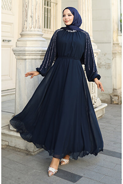 sefamerve Βραδινό φόρεμα σιφόν με πέτρες στο μανίκι 5804-02 Σκούρο μπλε