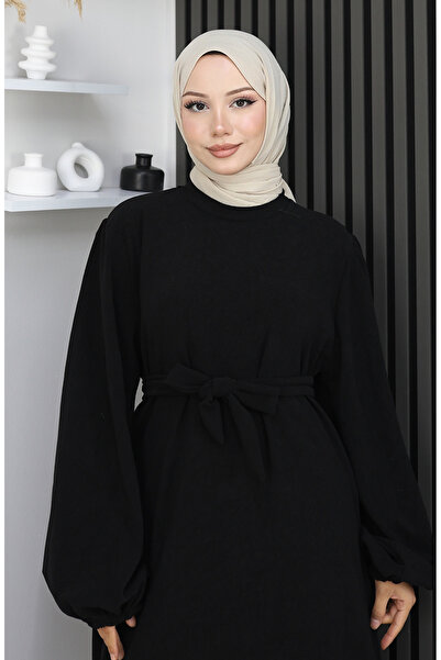 sefamerve Belted Dress with Elasticated Sleeves 2161-07 Black