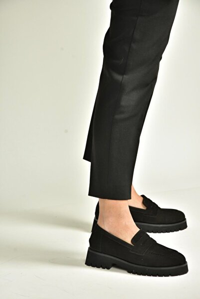 Fox Shoes V944086101 Black Genuine Leather Nubuck Thick Soled Loafer Shoes