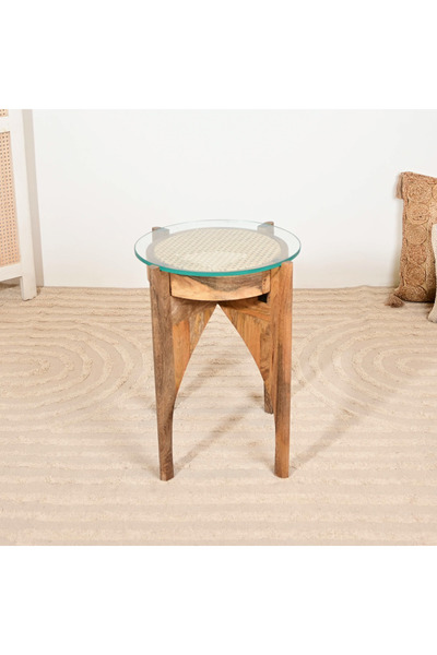Crafted by Lifestyle Home Carving Glass Top Accent Table - 55x40x55 cms