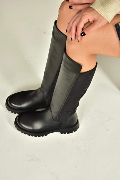 Fox Shoes V555654803 Black Genuine Leather Flat Sole Riding Boots with Elastic Back