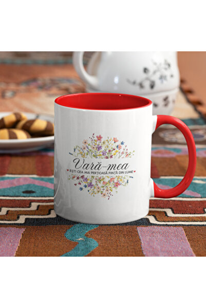 AFFIX THE DIFFERENT PERSPECTIVE Personalized white mug with red interior and handle, The Most Precious Being in the World, Cousin Model