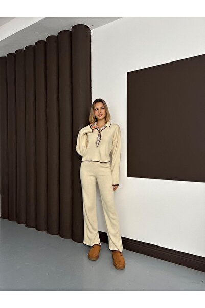 LE CARAMBOLE Women's Ecru Polo Neck Scarf with Shepherd Stitch Sweater Pants Knitwear Set