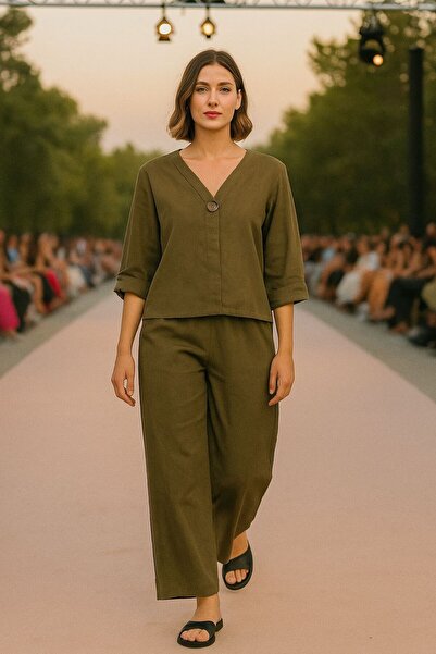 AGORATEKSTİL Women's New Season Chenille Velvet Fabric Suit Pants and Blouse