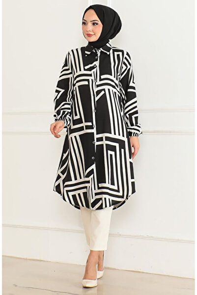 sefamerve Geometric Pattern Viscose Tunic 0173-02 Black