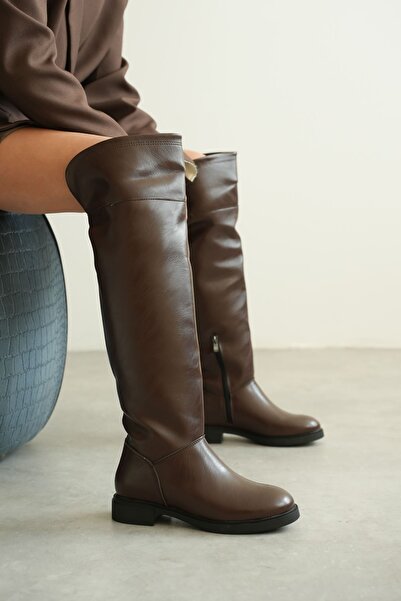 MODAADAM Γυναικείες μπότες Goxi Flat Bottom - Καφέ-Δερμάτινο