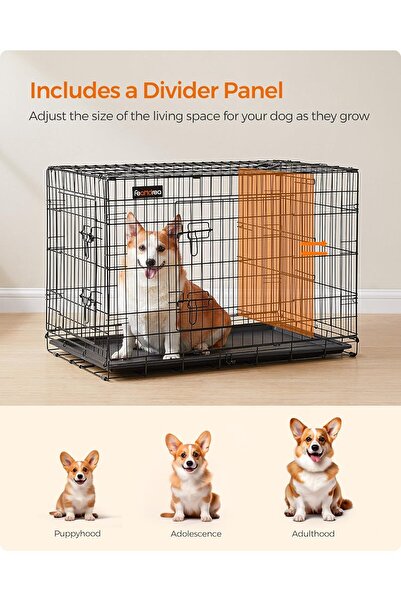 feandrea Cușcă pentru animale de companie, 2 uși, metal pliabil, tavă detașabilă, L, 93x57x64cm, neagră