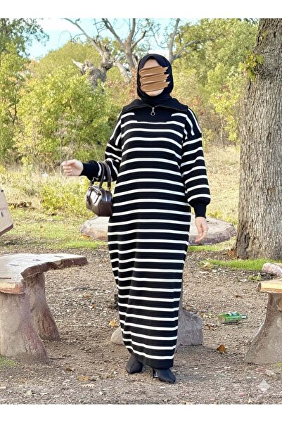 Nissra Ankanoor Zipper Collar Striped Knitwear Dress Anka252009