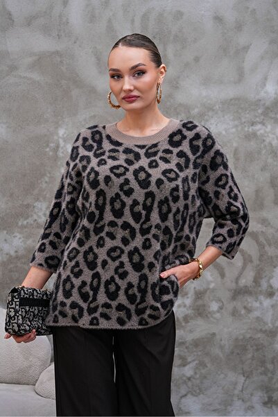 AGORATEKSTİL Pulover de lână cu mâneci scurte pentru femei guler rotund cu model leopard Textura moale și elastică supradimensionat