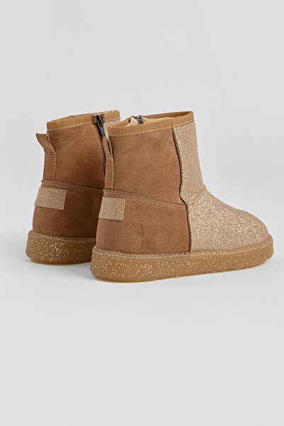 Tonny Black Kız Çocuk Taba Simli Termo Taban Süet Görünümlü İçi Kürklü Kısa Bot