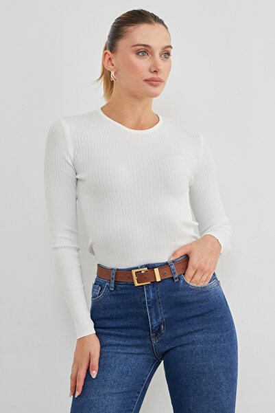 Fulla Moda Corded Fabric Crew Neck Thin Knit Sweater