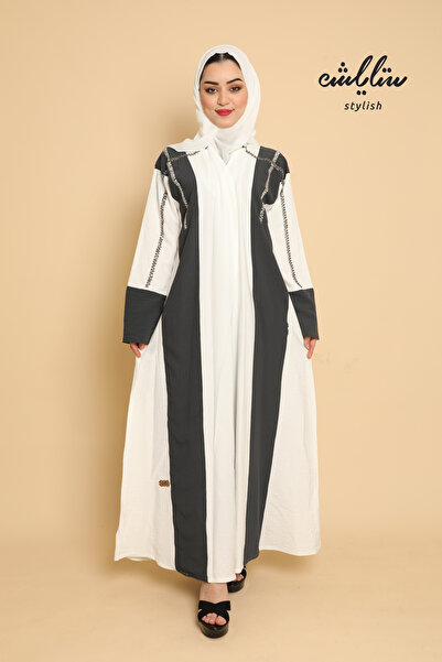 Stylish Linen wrap abaya in white and dark gray