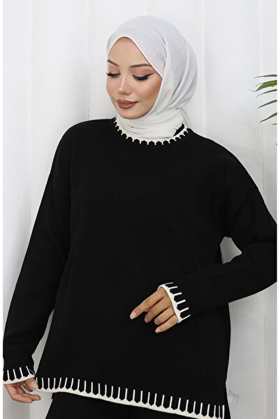 sefamerve Knitwear Eyelash Detailed Sweater Trousers Double Suit 0015-01 Black