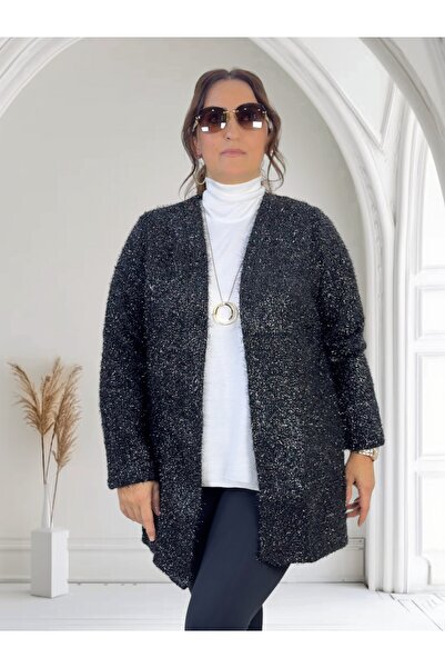 yagmurberen Silvery Yarn Knitted Long Sleeve Unclosed Cardigan Jacket