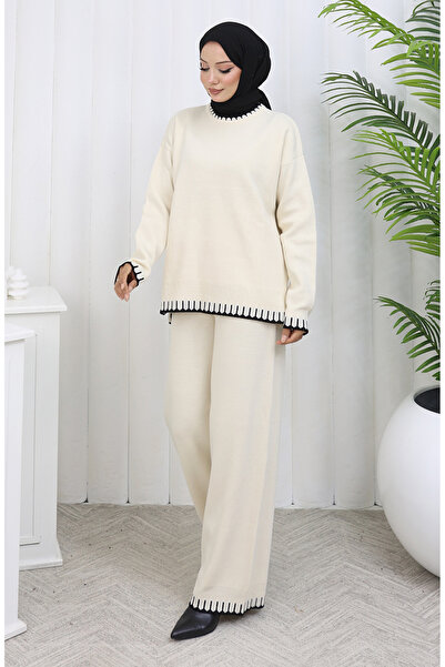 sefamerve Knitwear Eyelash Detailed Sweater Trousers Two-Piece Set 0015-05 Beige