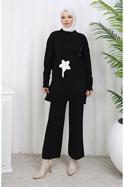 sefamerve Πλεκτά Παντελόνια Τουνίκ Λουλούδια Διπλό Σετ 1077-02 Μαύρο